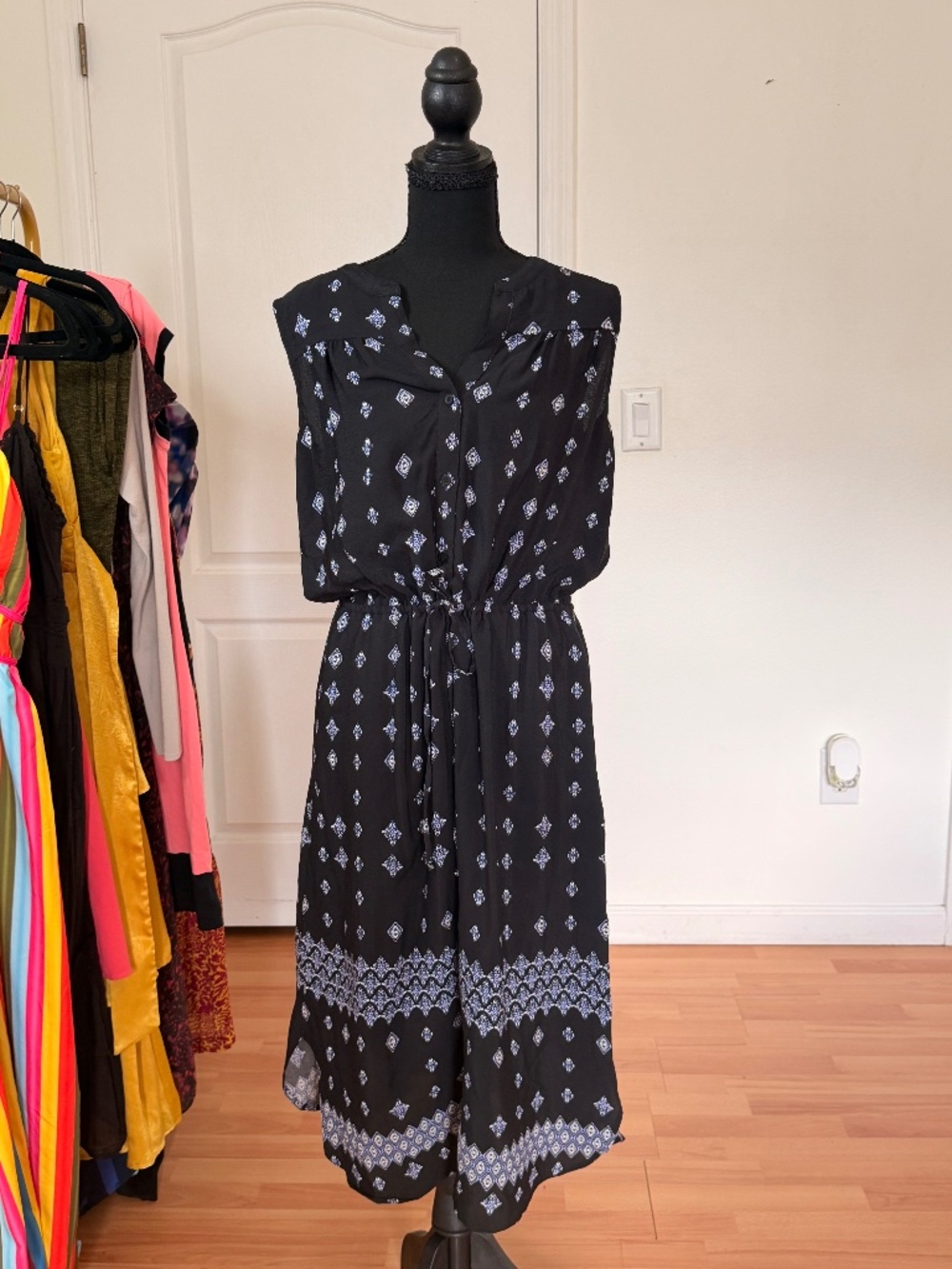 Black Blue Geometric Print Maxi Dress Sleeveless Boho Small